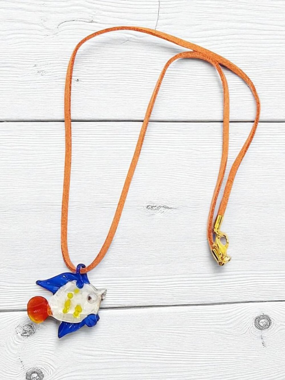 Glass Tropical Fish Pendant Summer Suede Cord Necklace, Beach Jewelry